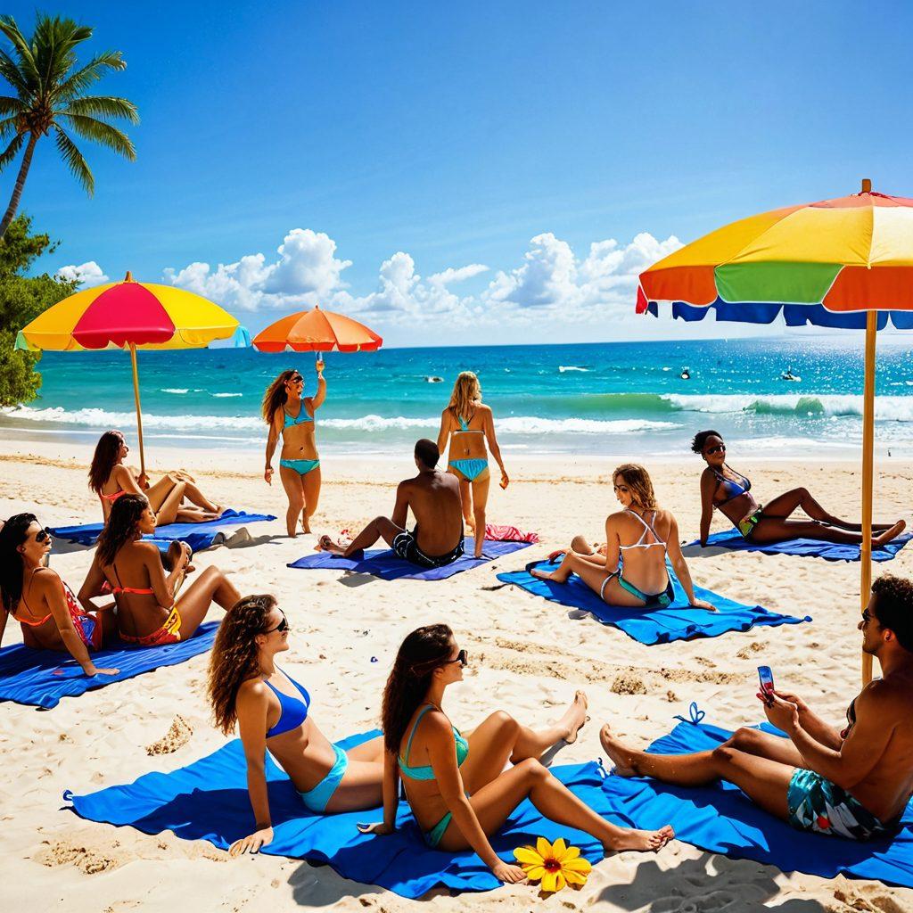 A bright and cheerful beach scene featuring a diverse group of friends in playful thong and bikini fashions, laughing and enjoying summer activities like beach volleyball and sunbathing. The sun shines brightly in a clear blue sky, complemented by colorful beach umbrellas and vibrant tropical flowers in the foreground. The scene should convey a sense of joy, fun, and whimsy, perfect for summer vibes. vibrant colors. sunny beach atmosphere.
