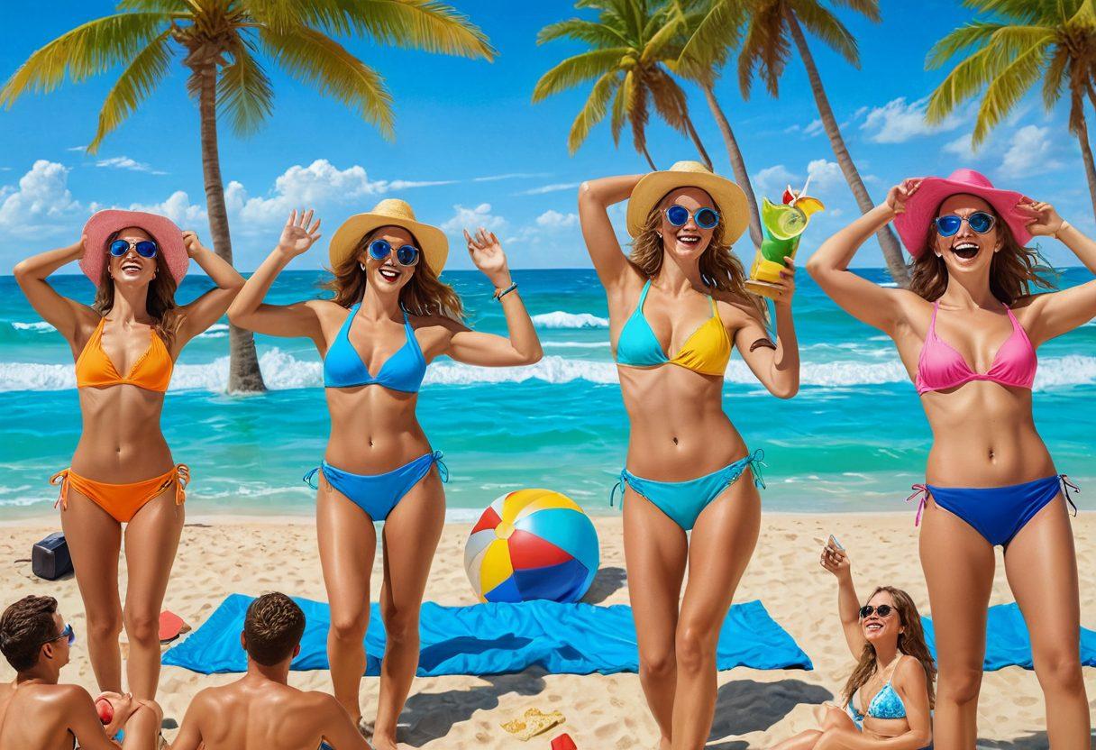 A vibrant summer beach scene featuring a diverse group of people wearing the funniest and most colorful thongs and bikinis of 2023. Laughter and joy are evident as they play beach volleyball, sunbathe, and enjoy refreshments under a bright blue sky. Include whimsical accessories like oversized sunglasses and inflatable cocktails to enhance the fun atmosphere. Render in a super-realistic style with vibrant colors.