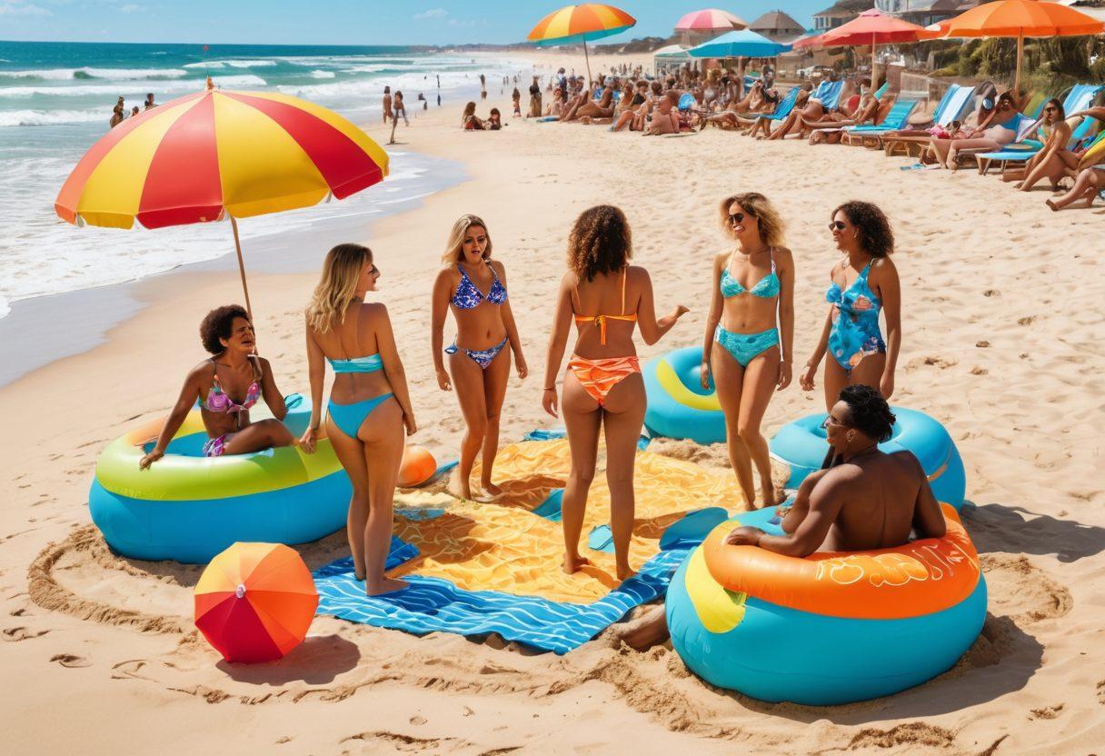 A whimsical beach scene showcasing an array of hilarious swimwear styles for 2023, featuring exaggerated and humorous designs like oversized floaties, quirky prints, and vibrant colors. Include diverse beachgoers laughing together, sandcastles in the background, and bright beach umbrellas. Capturing the joy and lightheartedness of summer fun. vibrant colors. playful illustration.